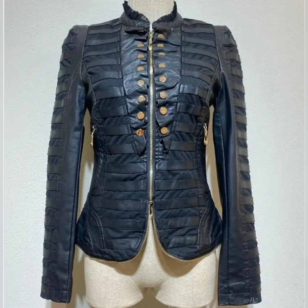 Drôle De Copine Womens Faux Leather Military Jacket Soze XL